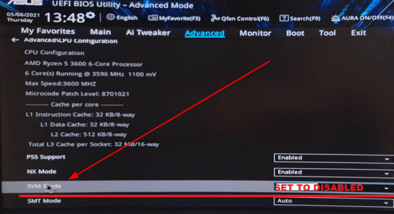ASUS motherboard disable AMD SVM